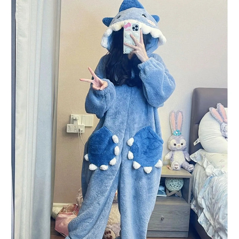 ملابس نوم نسائية بغطاء للرأس بتصميم سمكة قرش لطيفة كرتونية من Kigurumi Unicorn ملابس تنكرية شتوية بيجاما ملابس نوم نسائية لحفلات الكريسماس