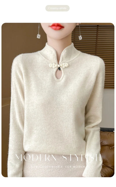 سترة نسائية جديدة محبوكة من الصوف على الطراز الصيني لفصل الخريف والشتاء بياقة واقفة ومزاجية أنيقة ZD-3012