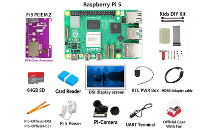 مجموعة Raspberry Pi 5 الكاملة أو لوحة PI5 4GB 8GB PCIE-NVME-SSD + شاشة LCD + علبة + طاقة + DIY + كابل UART + RTC-BOX + SD