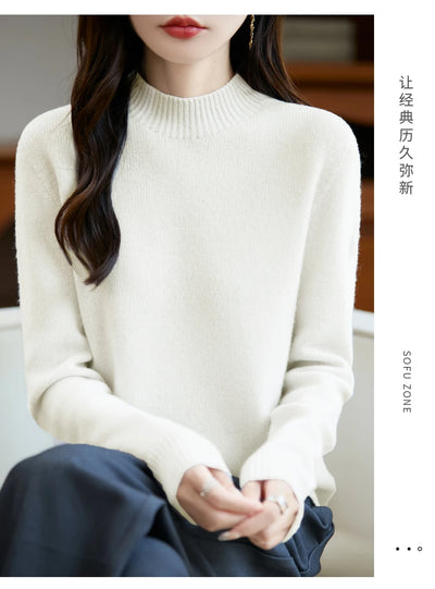 سترة نسائية أساسية للخريف والشتاء أنيقة سميكة من صوف ميرينو 100% محبوكة برقبة وهمية وملابس بأكمام طويلة