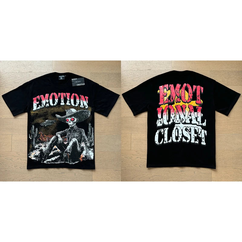 تي شيرت رجالي ونسائي فضفاض كاجوال برقبة دائرية وأكمام قصيرة، مطبوع عليه ملاك من High Street Fashion Hot Drill Streetwear MIXED EMOTION