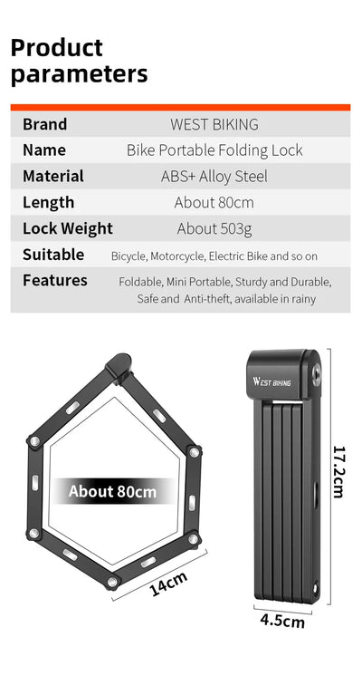 قفل دراجة محمول قابل للطي من ويست بايكينج، قفل أمان متين مضاد للسرقة، قفل دراجة كهربائية، ملحقات دراجات الطرق الجبلية
