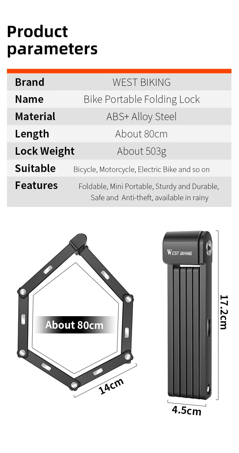 قفل دراجة محمول قابل للطي من ويست بايكينج، قفل أمان متين مضاد للسرقة، قفل دراجة كهربائية، ملحقات دراجات الطرق الجبلية
