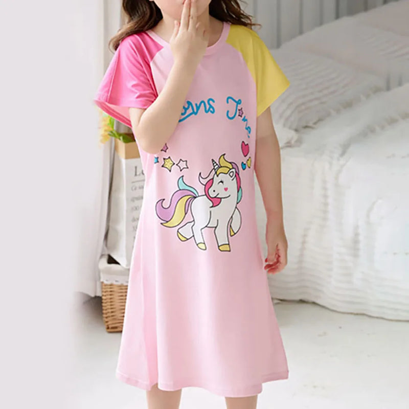 Summer Sleepwear for Girls Short-Sleeve Cartoon Unicorn Dino Nightgown Children Sleeping Clothes for Little Kids Bedtime Dress