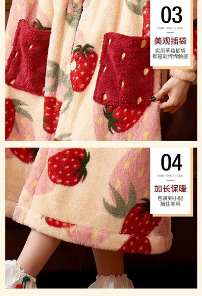 بيجامات شتوية للنساء، رداء طويل بغطاء للرأس برسومات كرتونية على شكل فراولة، ملابس منزلية لطيفة، ملابس نوم كاواي فلانل، رداء حمام دافئ ومريح