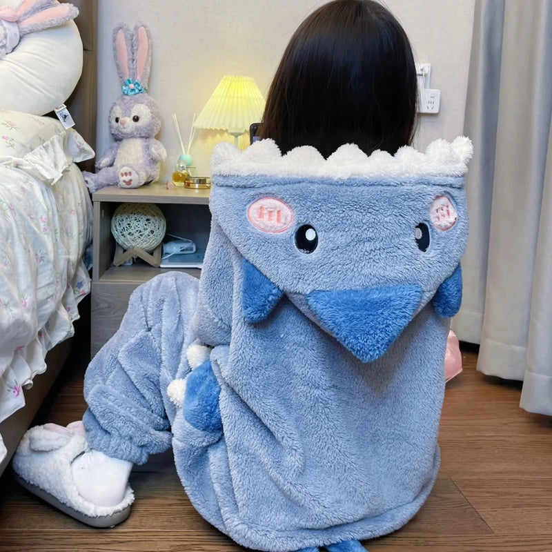 ملابس نوم نسائية بغطاء للرأس بتصميم سمكة قرش لطيفة كرتونية من Kigurumi Unicorn ملابس تنكرية شتوية بيجاما ملابس نوم نسائية لحفلات الكريسماس