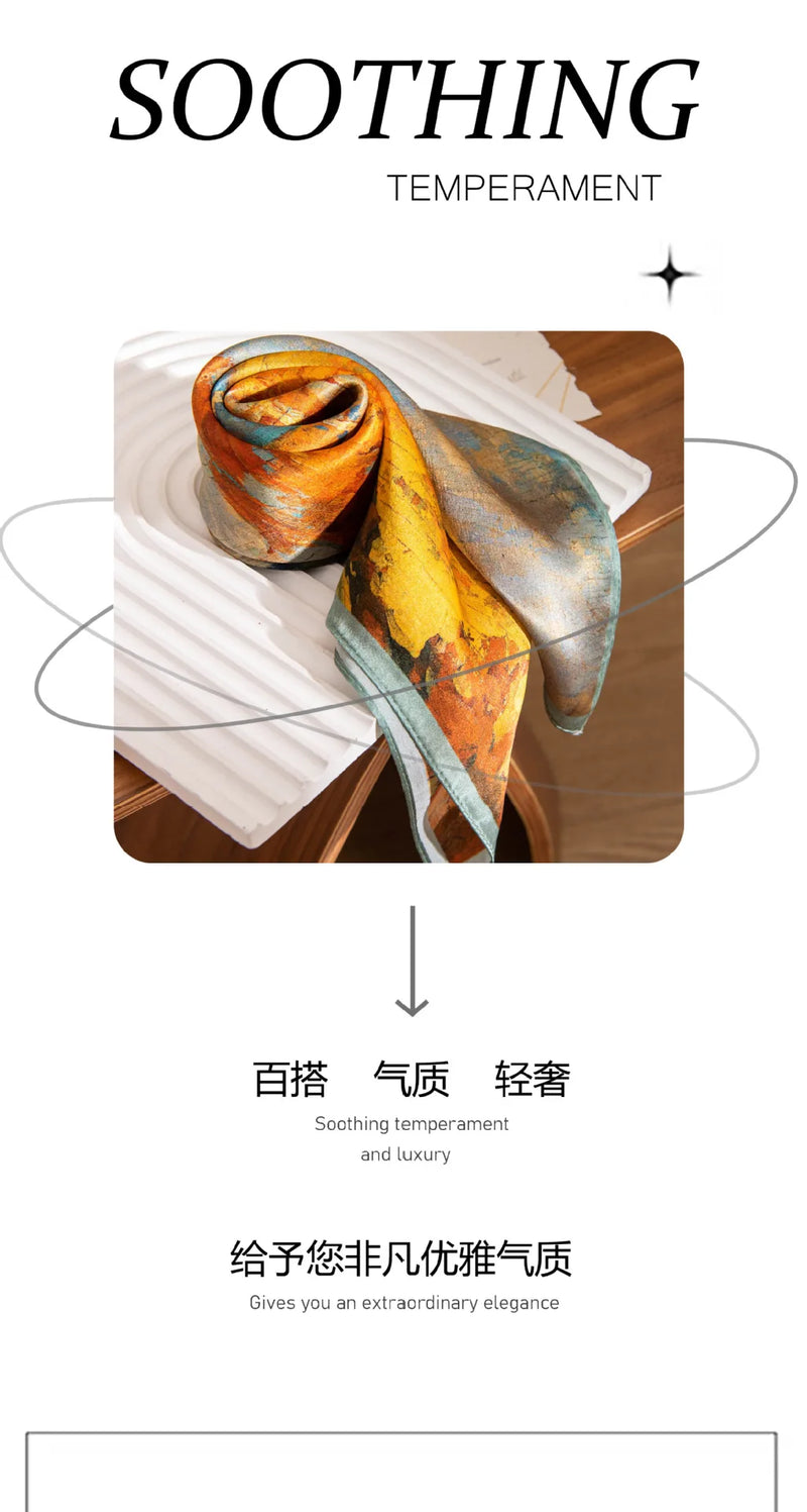 وشاح حريري مربع فاخر مطبوع باللون الأصفر بتصميم ريترو جديد لعام 2025 مصنوع من حرير التوت بنسبة 100% من فور سيزونز