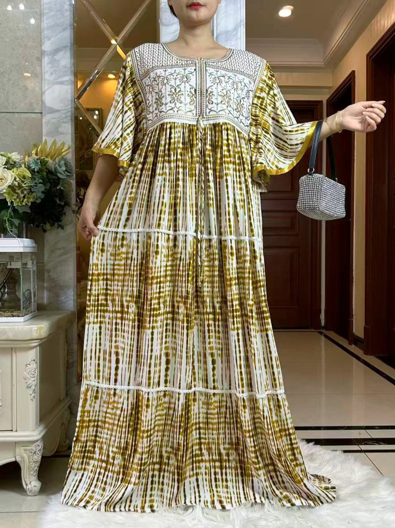 فستان صيفي جديد لعام 2025 عباية إسلامية بأكمام قصيرة وخصر مجمع مزهر فضفاض من بوبو ماكسي إسلامي للنساء ملابس عباية أفريقية