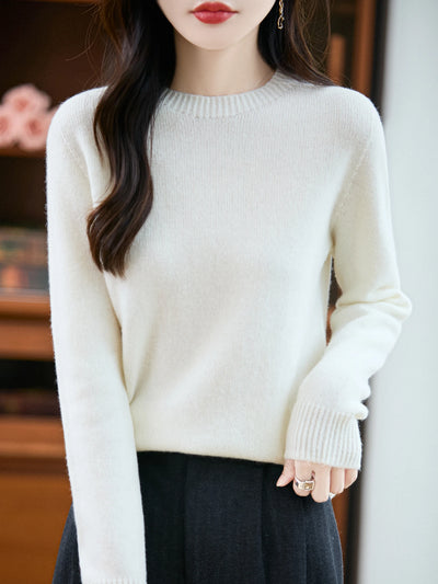 سترة نسائية أساسية للخريف والشتاء أنيقة من صوف ميرينو 100% محبوكة برقبة دائرية وأكمام طويلة وقماش جيرسي للسيدات