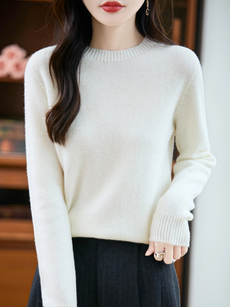 سترة نسائية أساسية للخريف والشتاء أنيقة من صوف ميرينو 100% محبوكة برقبة دائرية وأكمام طويلة وقماش جيرسي للسيدات