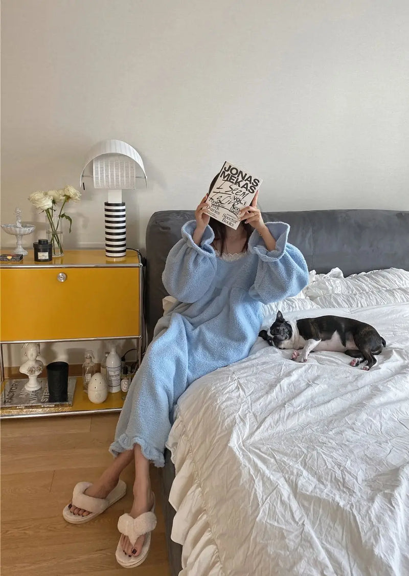 قميص نوم شتوي بأكمام طويلة من الفلانيل للنساء، ملابس نوم فضفاضة سادة، ملابس نوم سميكة ودافئة، ملابس نوم منزلية مريحة