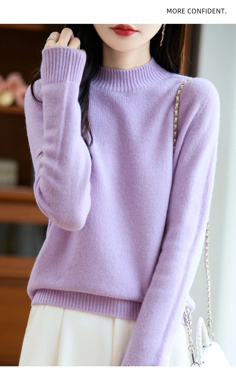 سترة نسائية أساسية للخريف والشتاء أنيقة سميكة من صوف ميرينو 100% محبوكة برقبة وهمية وملابس بأكمام طويلة