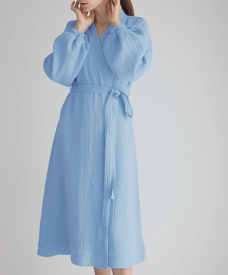 أردية حمام نسائية طويلة من قماش الموسلين 100% قطن، شاش، بأكمام طويلة، كاجوال فضفاضة، قابلة للتنفس، ضمادة صلبة، ملابس نوم ماكسي