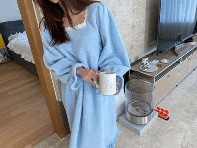 قميص نوم شتوي بأكمام طويلة من الفلانيل للنساء، ملابس نوم فضفاضة سادة، ملابس نوم سميكة ودافئة، ملابس نوم منزلية مريحة