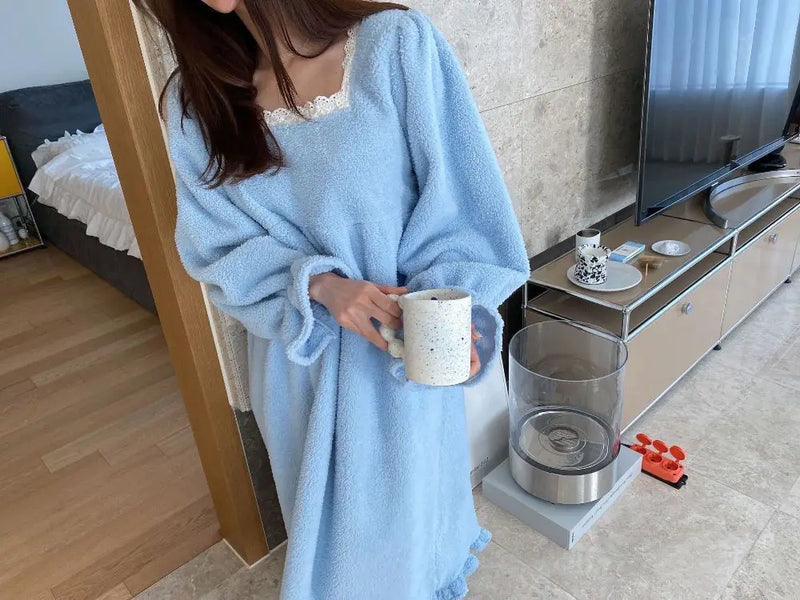 قميص نوم شتوي بأكمام طويلة من الفلانيل للنساء، ملابس نوم فضفاضة سادة، ملابس نوم سميكة ودافئة، ملابس نوم منزلية مريحة