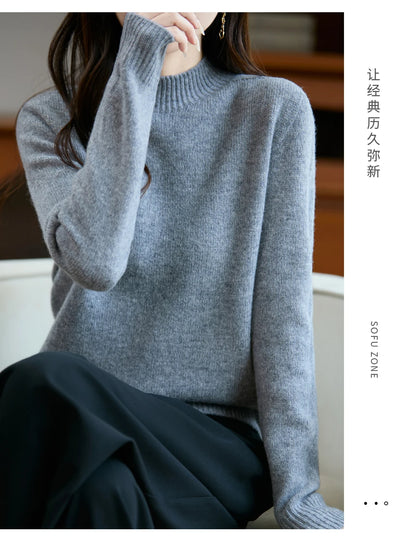 سترة نسائية أساسية للخريف والشتاء أنيقة سميكة من صوف ميرينو 100% محبوكة برقبة وهمية وملابس بأكمام طويلة