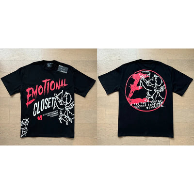 تي شيرت رجالي ونسائي فضفاض كاجوال برقبة دائرية وأكمام قصيرة، مطبوع عليه ملاك من High Street Fashion Hot Drill Streetwear MIXED EMOTION