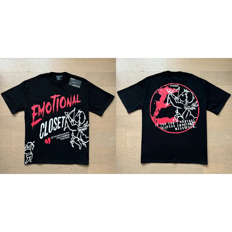 تي شيرت رجالي ونسائي فضفاض كاجوال برقبة دائرية وأكمام قصيرة، مطبوع عليه ملاك من High Street Fashion Hot Drill Streetwear MIXED EMOTION