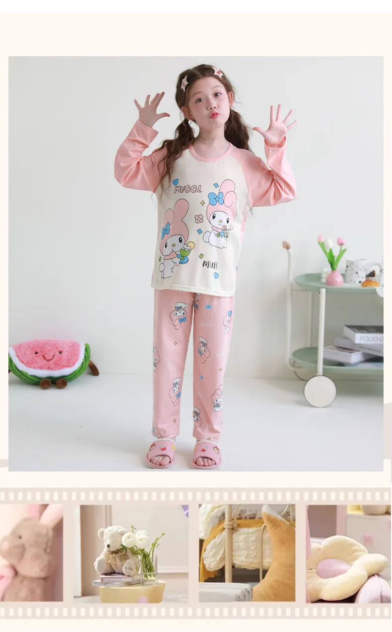 بيجامات أطفال من سانريو كورومي ماي ميلودي كاواي بوشاكو سينامورول قطن خالص بأكمام طويلة طقم ملابس نوم منزلي للأطفال برسومات كرتونية