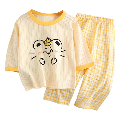 طقم بيجامات صيفي لطيف ومريح للأطفال بأكمام طويلة وملابس نوم قطنية وغرف مكيفة
