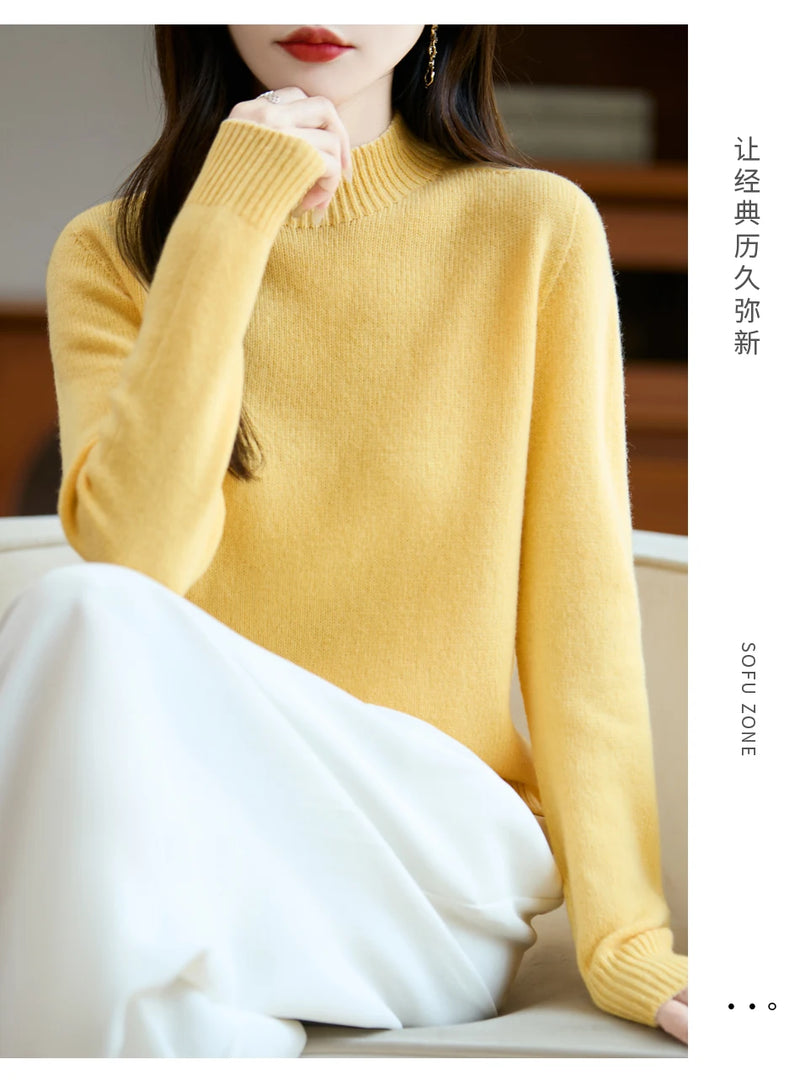 سترة نسائية أساسية للخريف والشتاء أنيقة سميكة من صوف ميرينو 100% محبوكة برقبة وهمية وملابس بأكمام طويلة