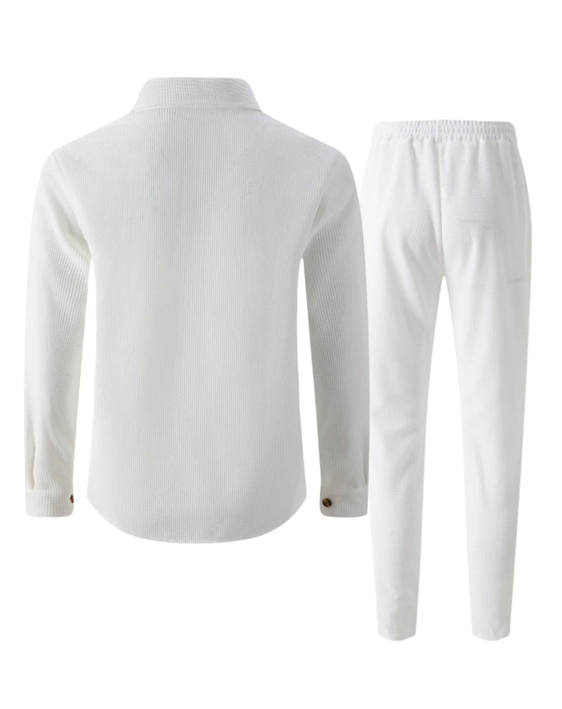 طقم قميص وبنطلون كارديجان بأكمام طويلة ولون سادة وجيبين وأزرار بتصميم خريفي جديد