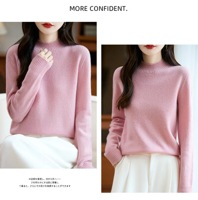 سترة نسائية أساسية للخريف والشتاء أنيقة سميكة من صوف ميرينو 100% محبوكة برقبة وهمية وملابس بأكمام طويلة