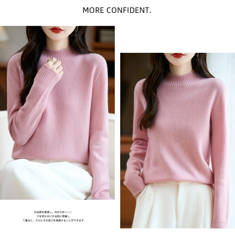 سترة نسائية أساسية للخريف والشتاء أنيقة سميكة من صوف ميرينو 100% محبوكة برقبة وهمية وملابس بأكمام طويلة