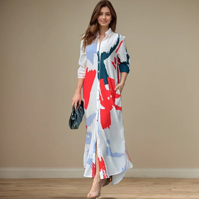 فستان طويل أنيق مثير بفتحة جانبية وياقة مطوية ومطبوع بأكمام طويلة وجيب وصدر واحد