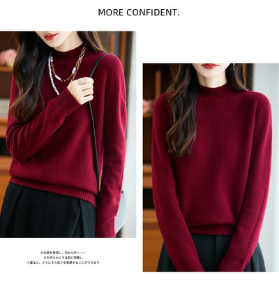 سترة نسائية أساسية للخريف والشتاء أنيقة سميكة من صوف ميرينو 100% محبوكة برقبة وهمية وملابس بأكمام طويلة