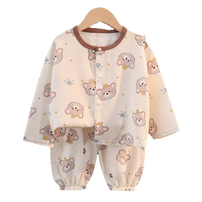 ملابس نوم جديدة للأطفال برسومات كرتونية لطيفة، قطعتين، بيجامات منزلية رقيقة للربيع والصيف للأولاد والبنات، ملابس مكيفة