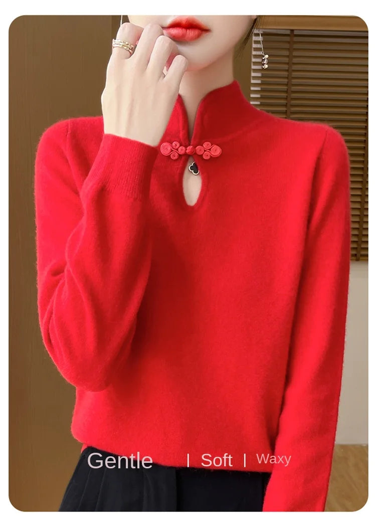 سترة نسائية جديدة محبوكة من الصوف على الطراز الصيني لفصل الخريف والشتاء بياقة واقفة ومزاجية أنيقة ZD-3012