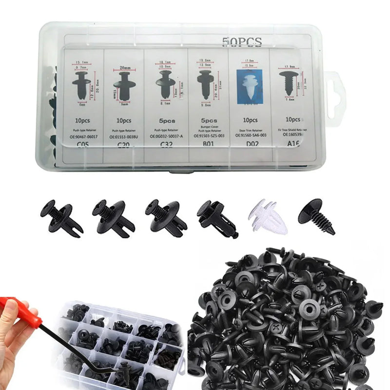 مشبك تثبيت تلقائي لهيكل السيارة المختلط ودبوس تثبيت الدفع ودبوس البرشام ودبوس المصد ولوحة زخرفة الباب ومجموعة مثبتات السيارة في صندوق أو كيس للتعبئة