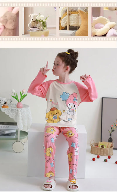 بيجامات أطفال من سانريو كورومي ماي ميلودي كاواي بوشاكو سينامورول قطن خالص بأكمام طويلة طقم ملابس نوم منزلي للأطفال برسومات كرتونية