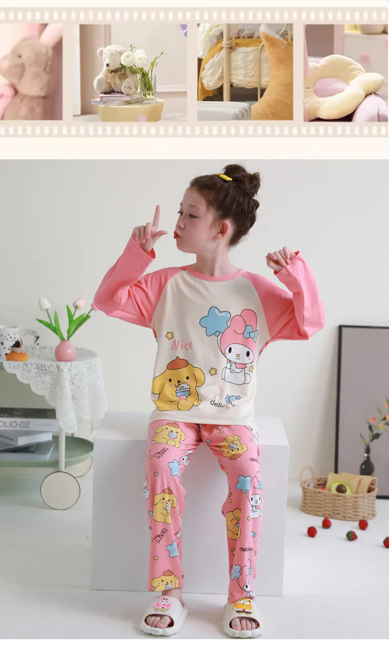 بيجامات أطفال من سانريو كورومي ماي ميلودي كاواي بوشاكو سينامورول قطن خالص بأكمام طويلة طقم ملابس نوم منزلي للأطفال برسومات كرتونية