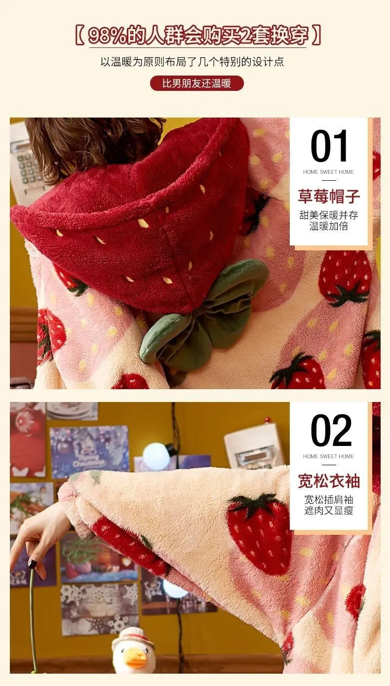 بيجامات شتوية للنساء، رداء طويل بغطاء للرأس برسومات كرتونية على شكل فراولة، ملابس منزلية لطيفة، ملابس نوم كاواي فلانل، رداء حمام دافئ ومريح