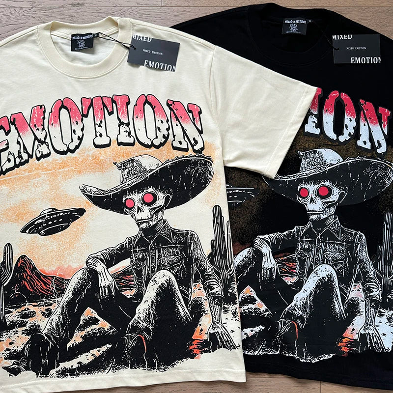 تي شيرت رجالي ونسائي فضفاض كاجوال برقبة دائرية وأكمام قصيرة، مطبوع عليه ملاك من High Street Fashion Hot Drill Streetwear MIXED EMOTION