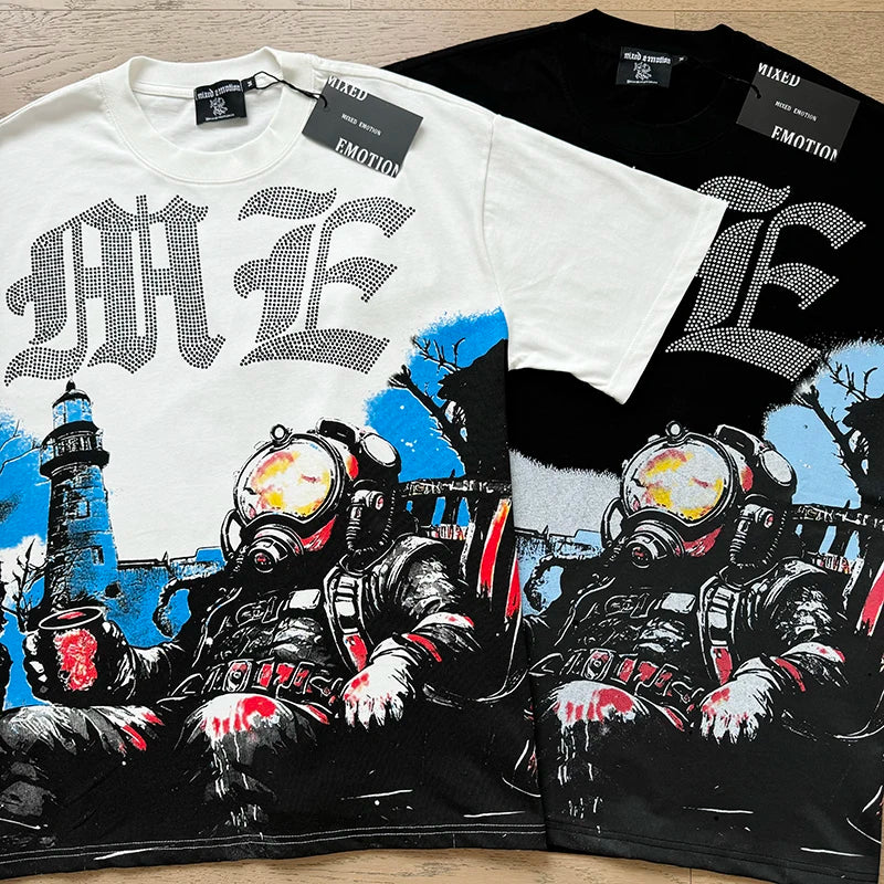 تي شيرت رجالي ونسائي فضفاض كاجوال برقبة دائرية وأكمام قصيرة، مطبوع عليه ملاك من High Street Fashion Hot Drill Streetwear MIXED EMOTION