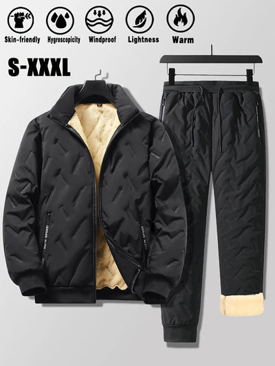 Men's Lamb Fleece Cotton Jacket and Pants 2-piece Set Autumn and Winter Thick Warm Sports Suit Casual Solid Color Coat and Pants