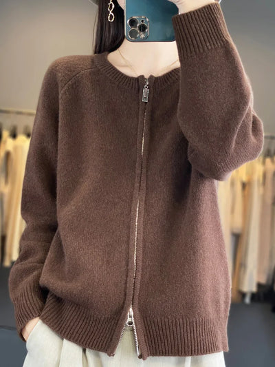 سترة MEELEX كاجوال خريفية شتوية ناعمة ودافئة للنساء من صوف ميرينو 100% محبوكة برقبة دائرية وسحاب وبلوزة سترة صوفية جديدة للنساء