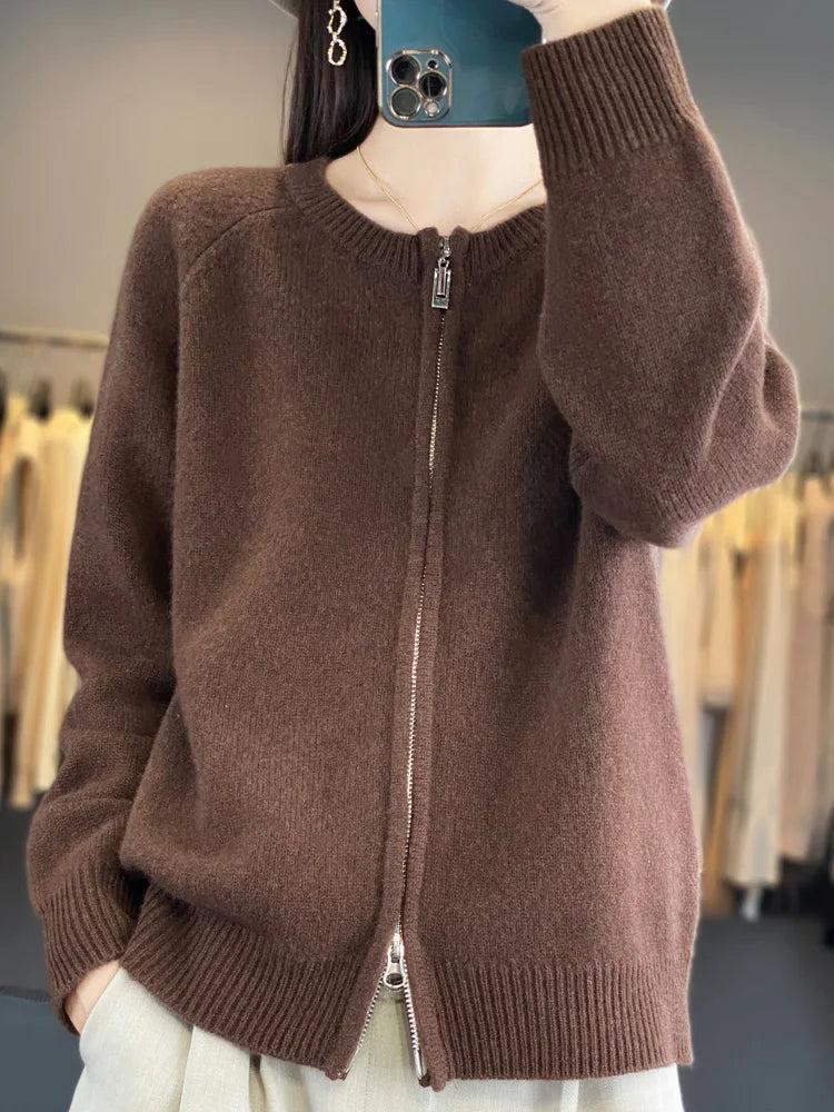 سترة MEELEX كاجوال خريفية شتوية ناعمة ودافئة للنساء من صوف ميرينو 100% محبوكة برقبة دائرية وسحاب وبلوزة سترة صوفية جديدة للنساء