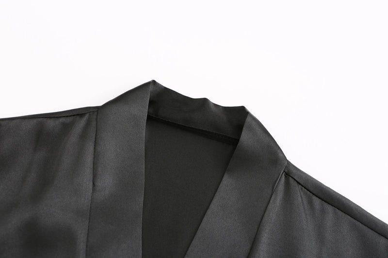 رداء نسائي أسود من الساتان الحريري لحفلات الزفاف وحفلات الزفاف ووصيفات العروس وأرواب كيمونو وملابس نوم