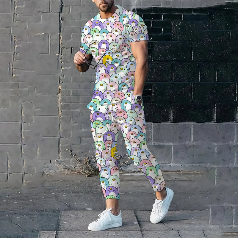 طقم ملابس رياضية رجالي مطبوع عليه بطة مضحكة ثلاثية الأبعاد، مكون من تي شيرت بأكمام قصيرة وبنطلون، مكون من قطعتين، بلوفر كبير الحجم، ملابس رجالية