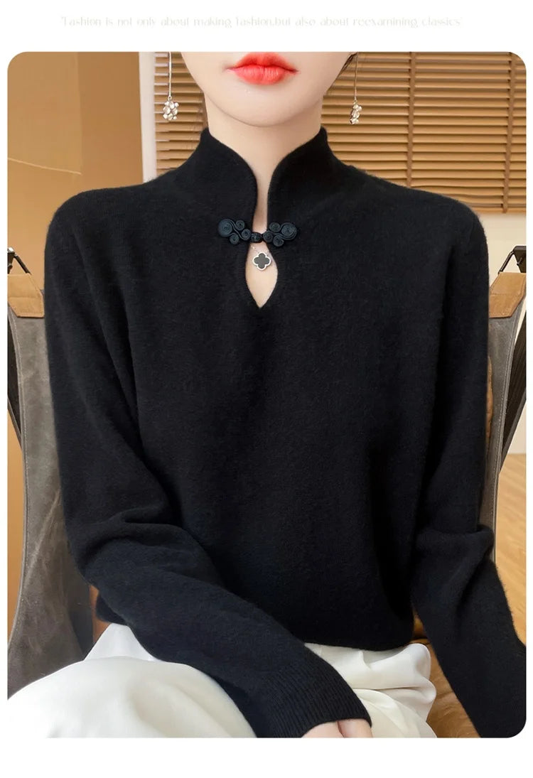 سترة نسائية جديدة محبوكة من الصوف على الطراز الصيني لفصل الخريف والشتاء بياقة واقفة ومزاجية أنيقة ZD-3012