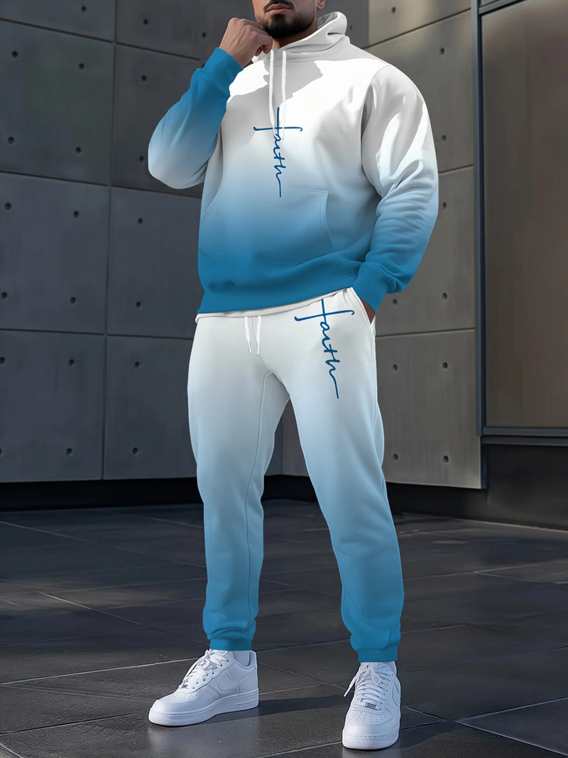 بدلة رياضية رجالية بغطاء للرأس مطبوعة ثلاثية الأبعاد بألوان متدرجة للخريف، بنطال رياضي كاجوال عصري، طقم رياضي مكون من قطعتين، ملابس رجالية