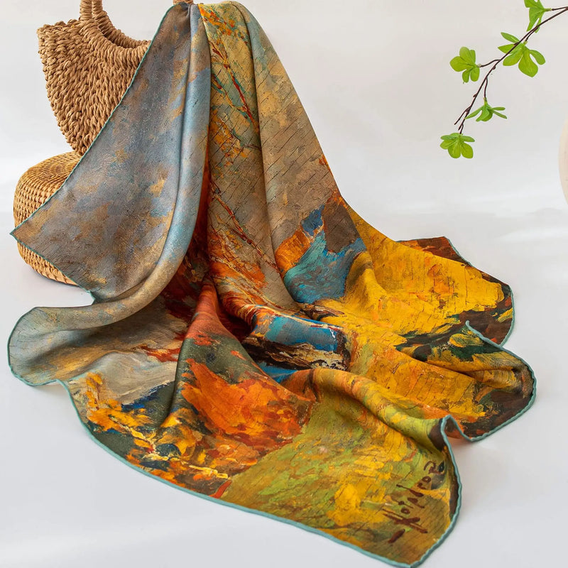 وشاح حريري مربع فاخر مطبوع باللون الأصفر بتصميم ريترو جديد لعام 2025 مصنوع من حرير التوت بنسبة 100% من فور سيزونز