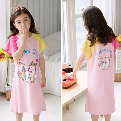 Summer Sleepwear for Girls Short-Sleeve Cartoon Unicorn Dino Nightgown Children Sleeping Clothes for Little Kids Bedtime Dress