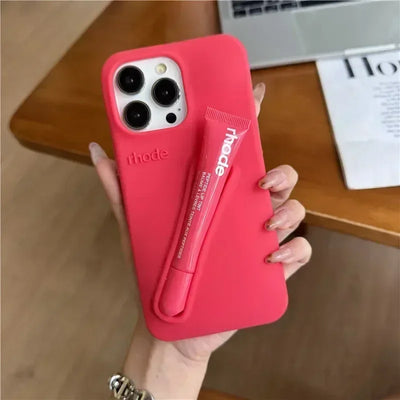 جراب سيليكون بحامل أحمر شفاه 9 ألوان لهاتف iPhone 16E 16 15 14 13 12 11 Pro Max Plus غطاء حامل محمول لملمع الشفاه Funda