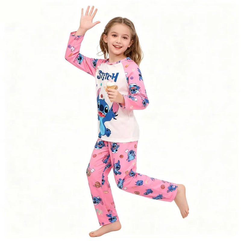 طقم بيجامات بأكمام طويلة بطبعة كرتونية للبنات - ملابس نوم وردية لطيفة من بيجامات ستيتش فيلز بيجامات نافيدينا ملابس نوم مريحة