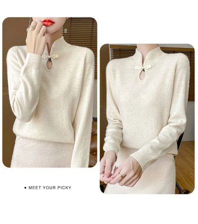 سترة نسائية جديدة محبوكة من الصوف على الطراز الصيني لفصل الخريف والشتاء بياقة واقفة ومزاجية أنيقة ZD-3012